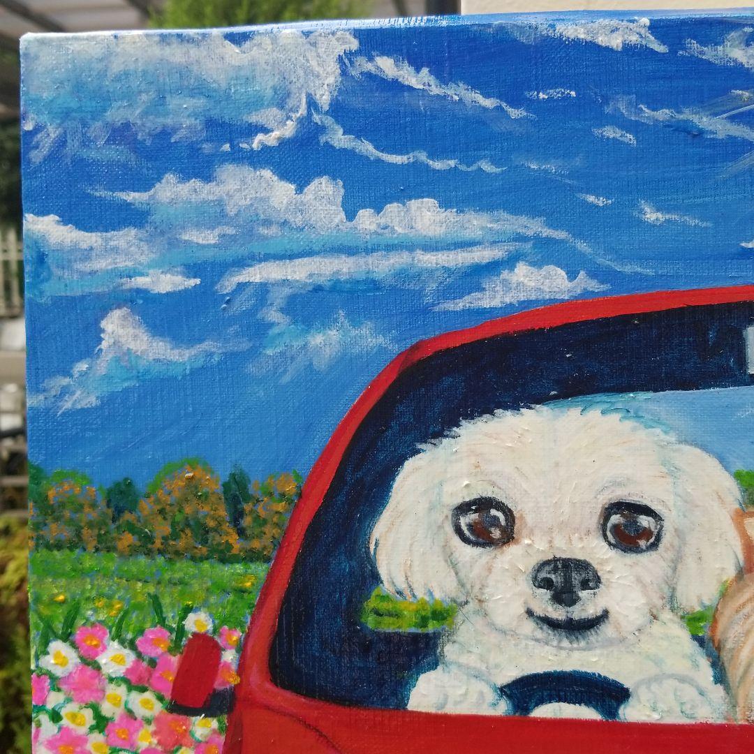 油絵　ぷーちゃんセレナーデ　ピクニックに行くキュートなわんちゃんの家族