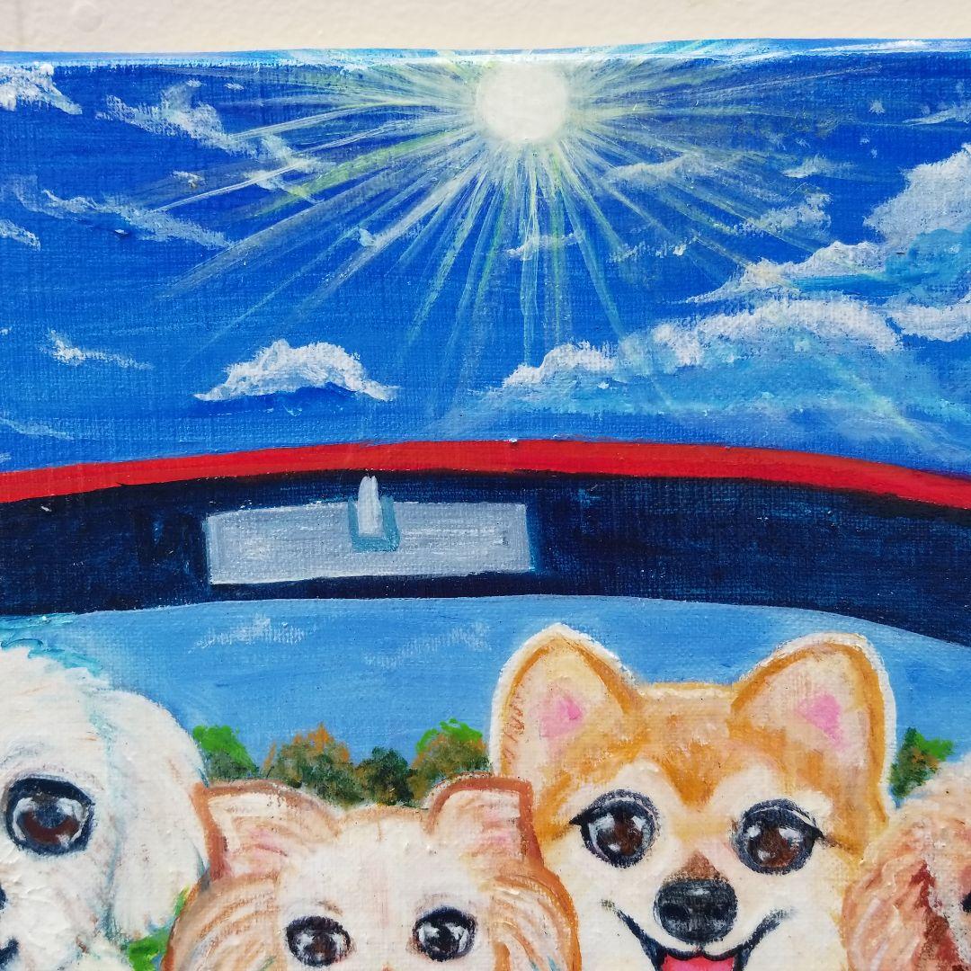 油絵　ぷーちゃんセレナーデ　ピクニックに行くキュートなわんちゃんの家族