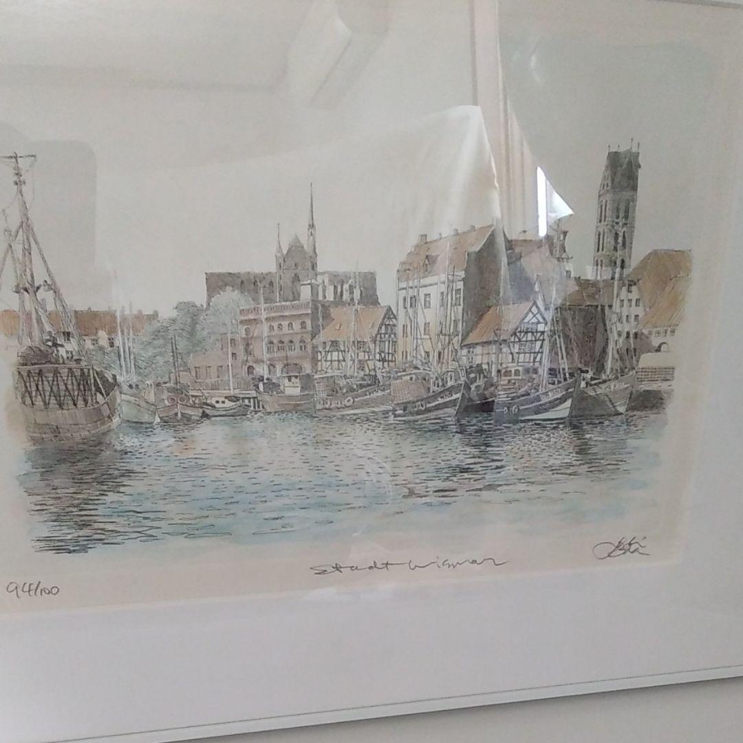 値引き中、織田義郎 絵画 94／100 ドイツ ビスマールの港 インテリア