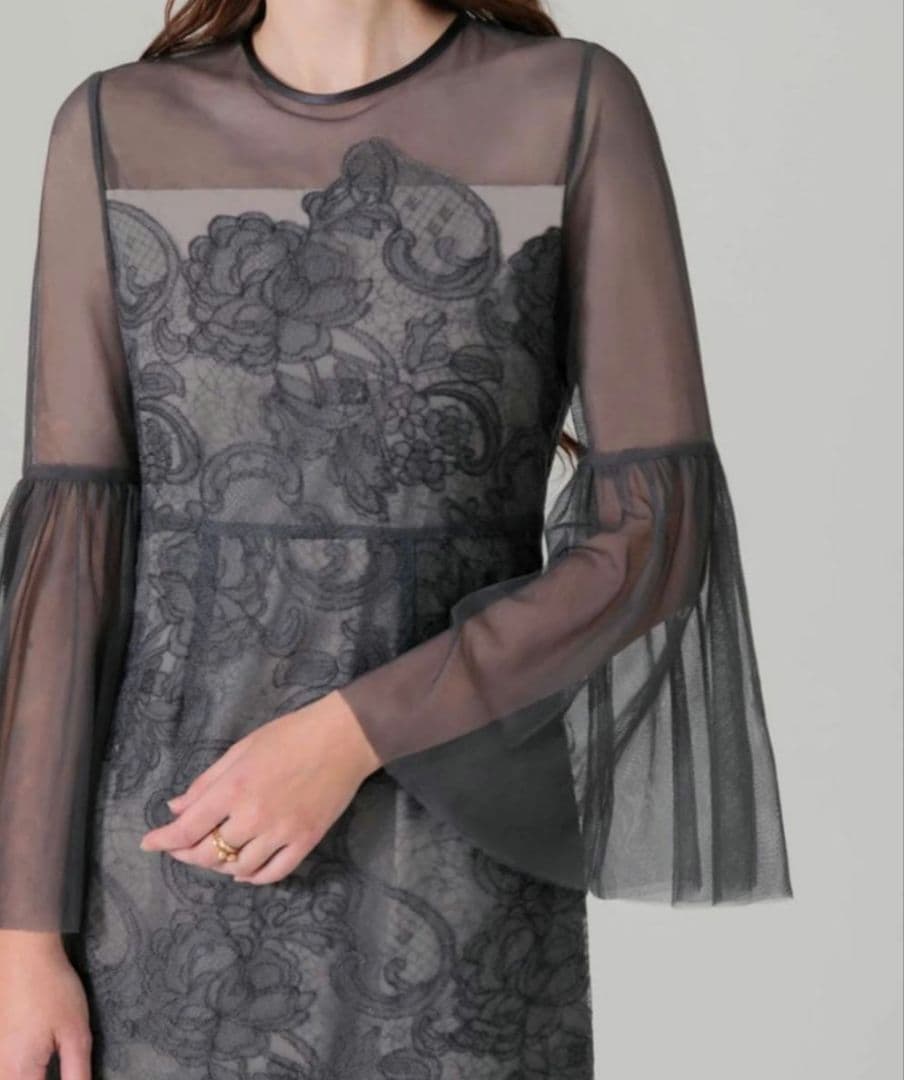 美品✨Leja シアー刺繍レースプリーツIラインロングワンピースドレス