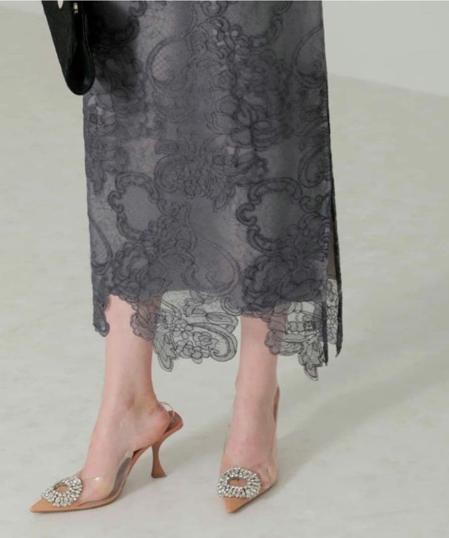 美品✨Leja シアー刺繍レースプリーツIラインロングワンピースドレス