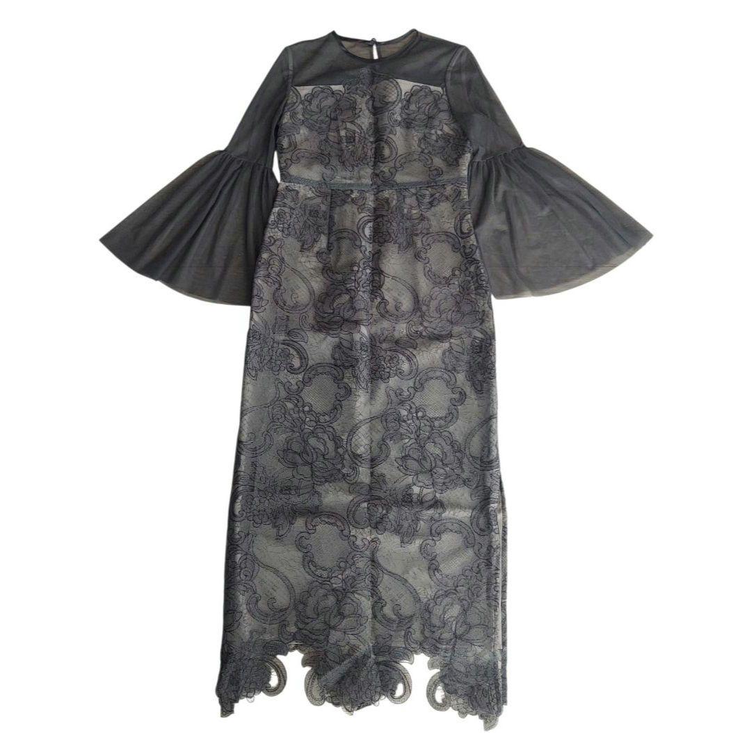 美品✨Leja シアー刺繍レースプリーツIラインロングワンピースドレス