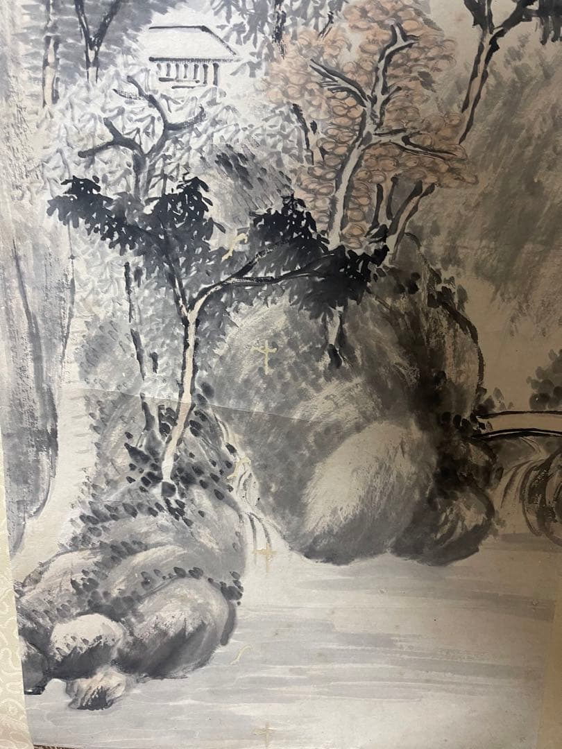 あきら◇◆日本の水墨画 山と家の風景 掛け軸