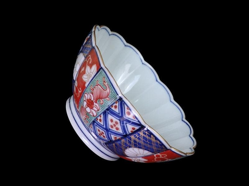 大聖寺伊万里　金襴手　寿紋に輪花楕円変形皿　大振向付　E704AS-CZk