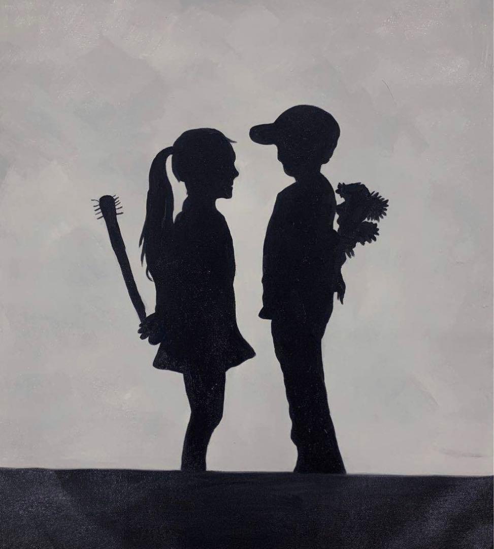 肉筆☆油絵☆F20号『boy meets girl複雑な想い』Banksy/模写