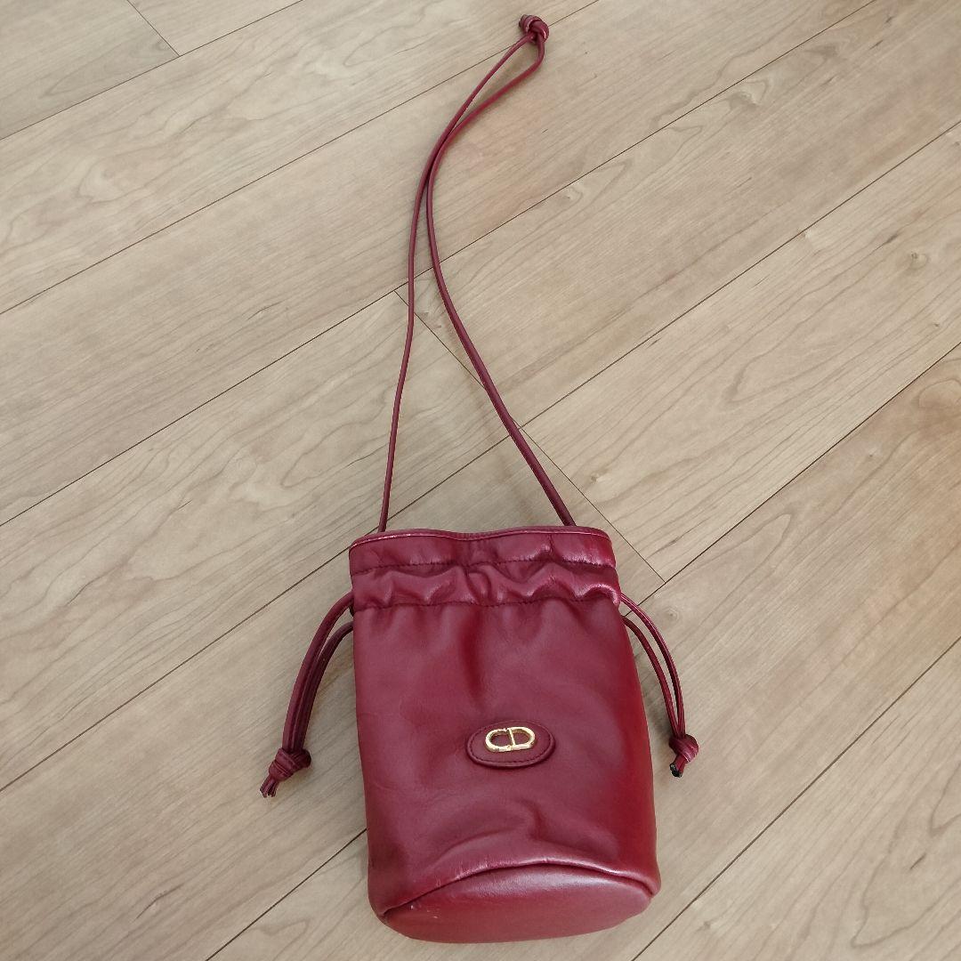 クリスチャンディオール レザー 巾着バッグ ショルダーバッグ 赤 レッド