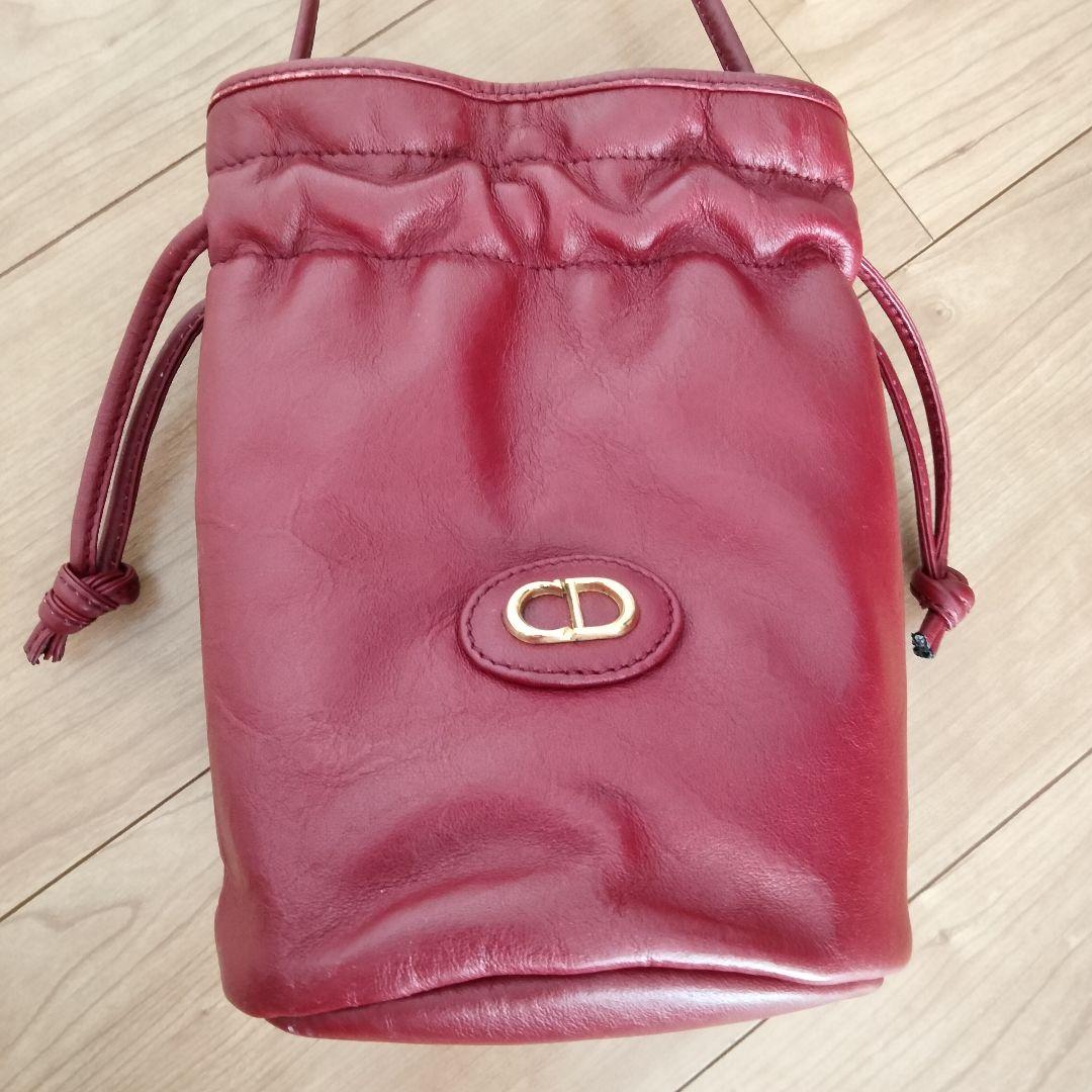 クリスチャンディオール レザー 巾着バッグ ショルダーバッグ 赤 レッド