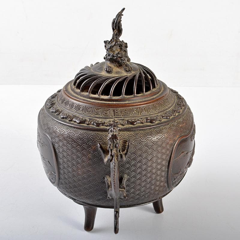 高岡銅器　米田秀保作　蝋型鋳銅　獅子摘　山水鳥文　双龍耳香炉　M　R5503