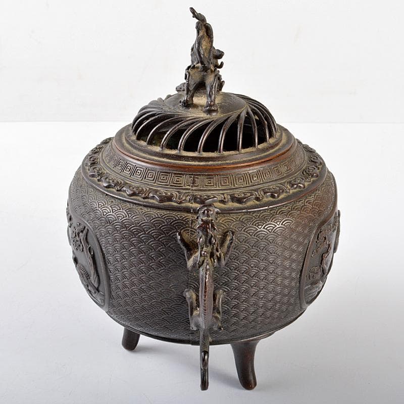 高岡銅器　米田秀保作　蝋型鋳銅　獅子摘　山水鳥文　双龍耳香炉　M　R5503