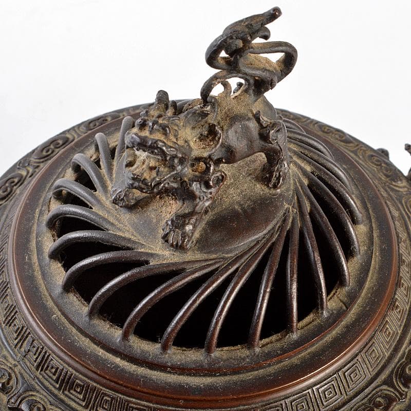 高岡銅器　米田秀保作　蝋型鋳銅　獅子摘　山水鳥文　双龍耳香炉　M　R5503