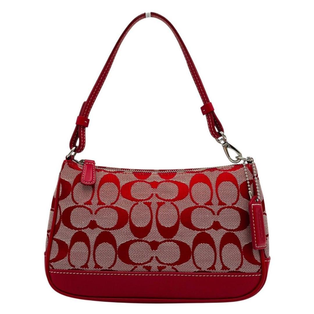 美品 コーチ アクセサリーポーチ ショルダー キャンバス レッド シグネチャー