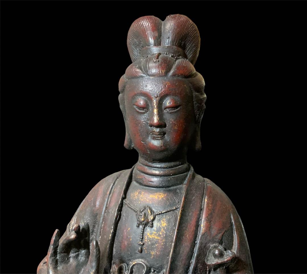 極上・鉄造鍍金仏・中国古玩・チベット仏教・仏教美術・観音菩薩・三尊・仏像・仏具