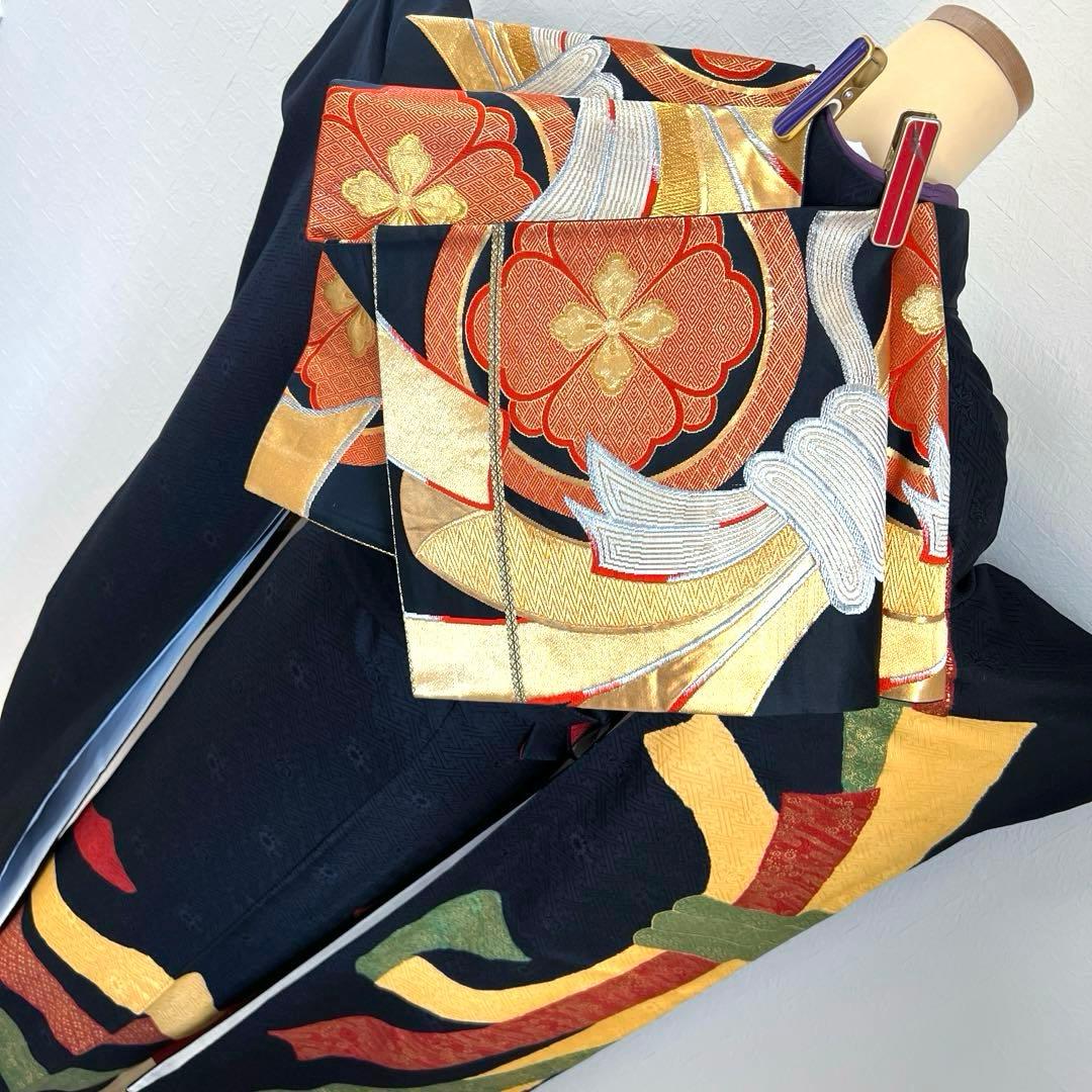 449 振袖フルセット 正絹 黒 赤 黄 緑 束ね熨斗 シンプル クール シック