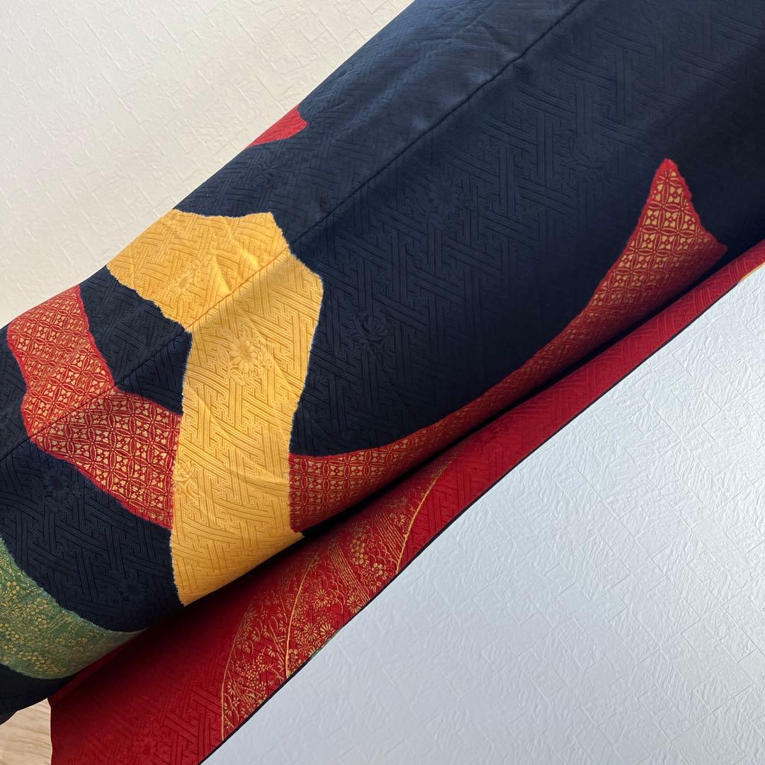 449 振袖フルセット 正絹 黒 赤 黄 緑 束ね熨斗 シンプル クール シック