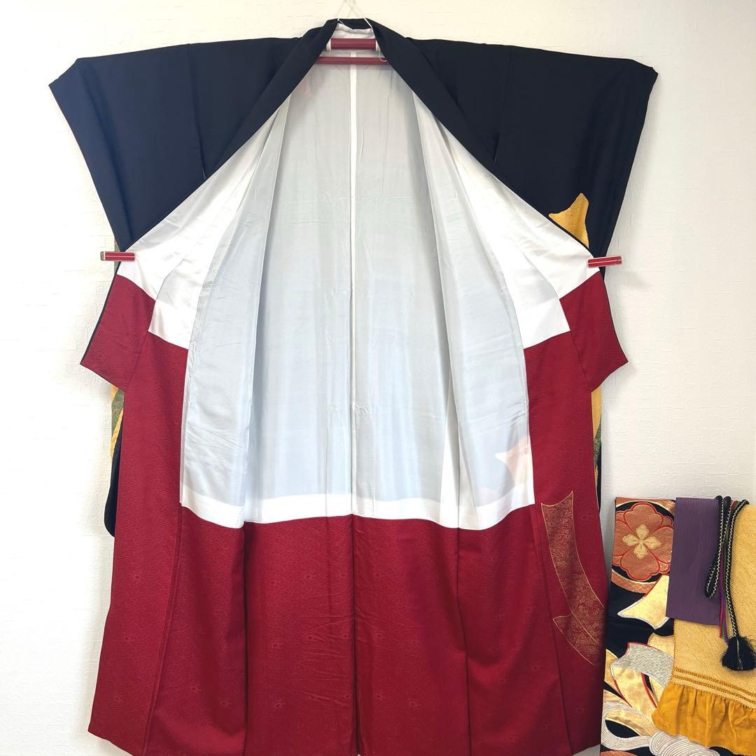 449 振袖フルセット 正絹 黒 赤 黄 緑 束ね熨斗 シンプル クール シック