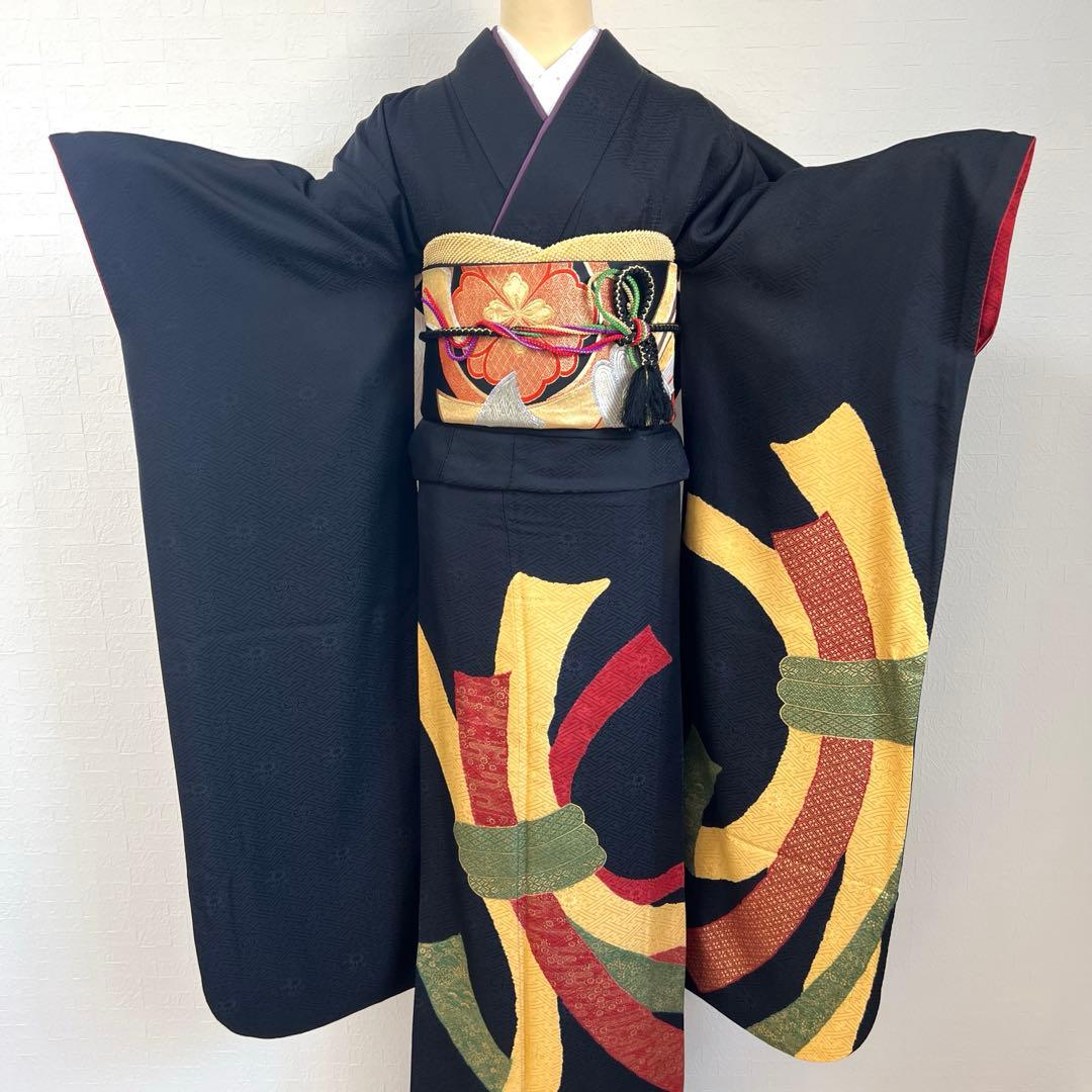 449 振袖フルセット 正絹 黒 赤 黄 緑 束ね熨斗 シンプル クール シック