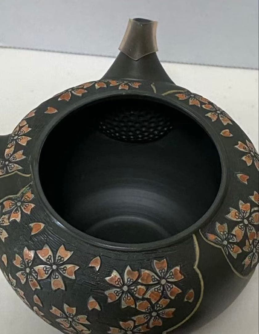 13号 緑泥丸形桜彫急須舜園 常滑燒 陶磁器 二代間野舜園 在銘