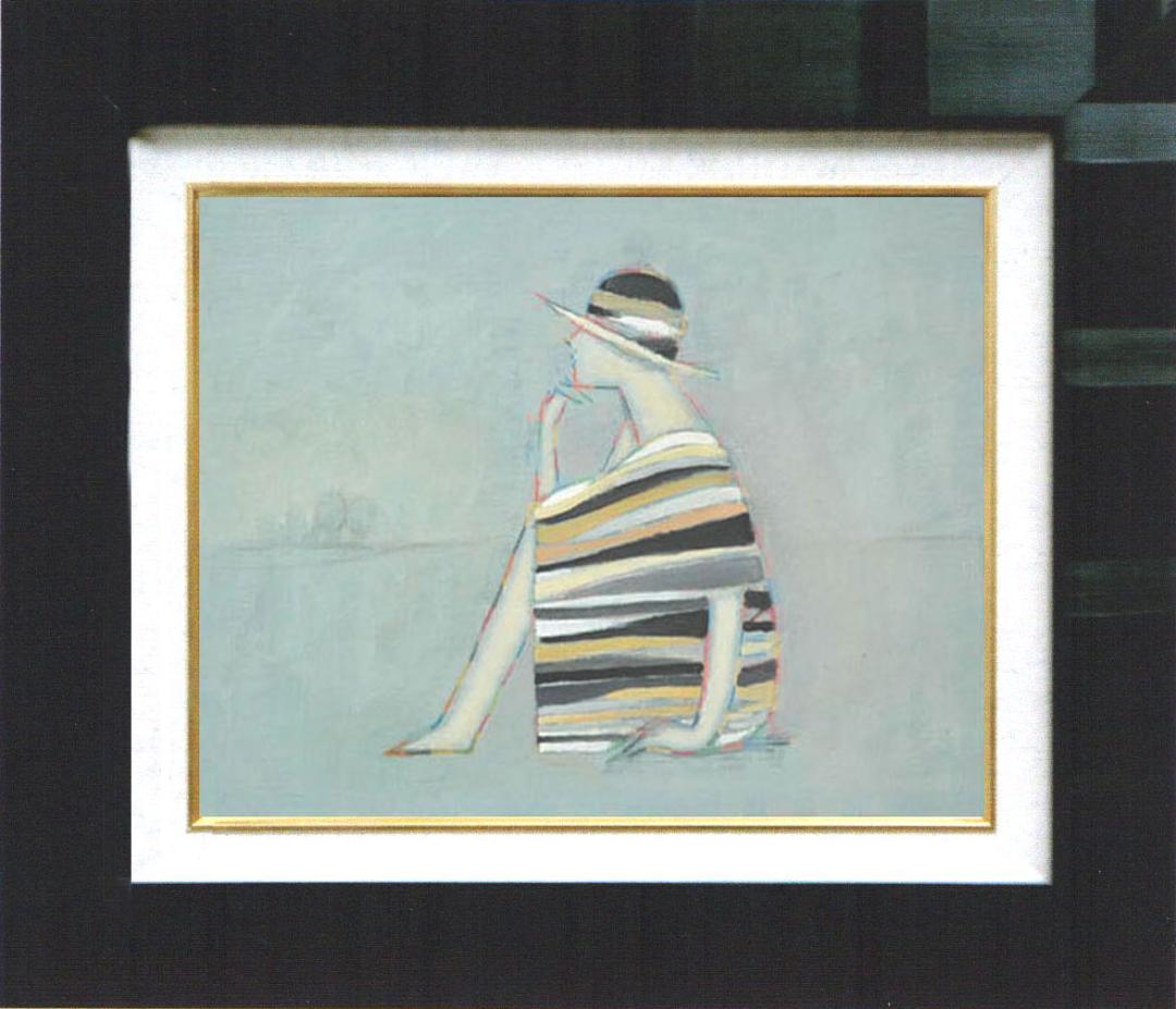 油絵 菅家令子 絵 絵画インテリア額付(青緑＋金色の枠) F4-071712女性