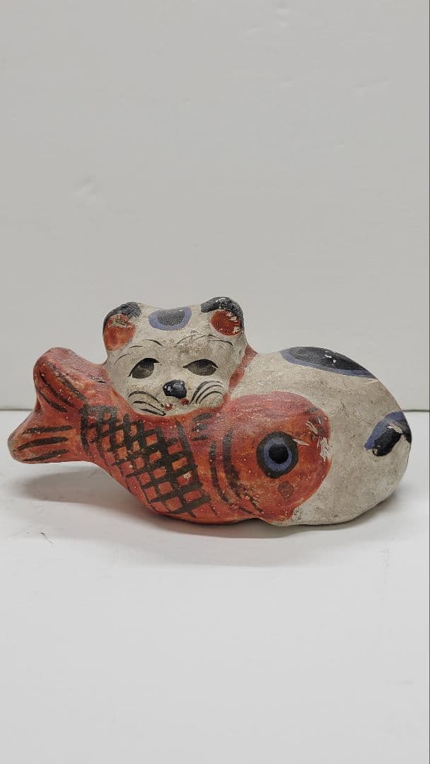 おめでたい③お正月玄関に 明治時代 鯛猫 ガラ入 古い練り人形 土人形 郷土玩具