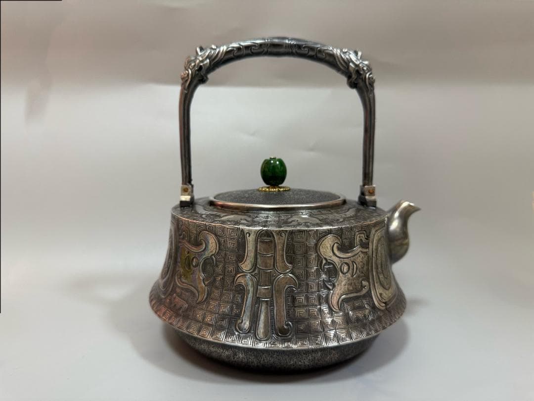 純銀製 饕餮紋 玉摘 銀瓶 煎茶道具 湯沸 重量798g