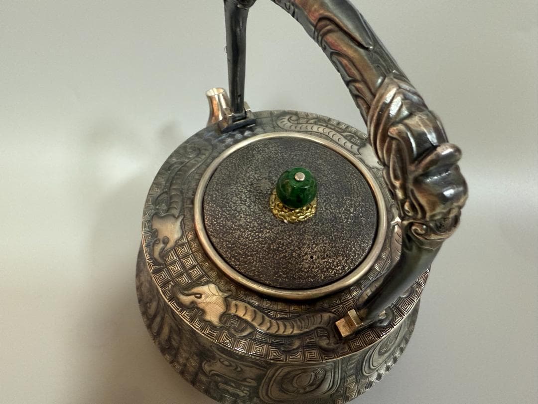 純銀製 饕餮紋 玉摘 銀瓶 煎茶道具 湯沸 重量798g