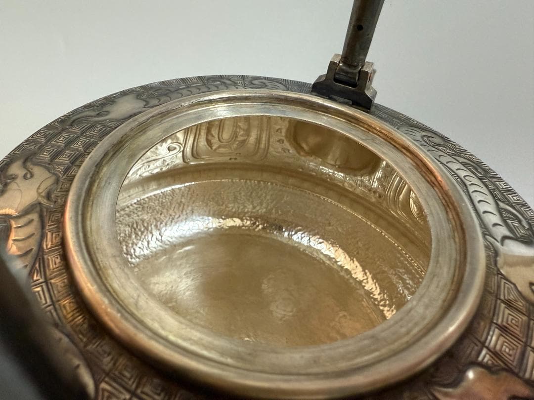 純銀製 饕餮紋 玉摘 銀瓶 煎茶道具 湯沸 重量798g