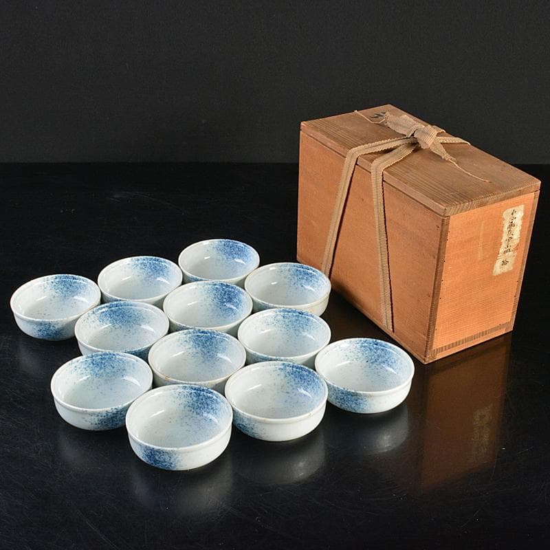 和食器　染付　吹墨文小皿　十二客　書付箱　V　R7437