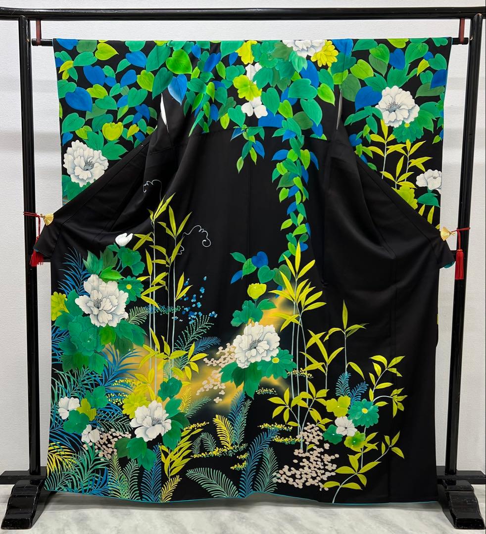 振り袖　フルセット　別誂長襦袢付　珍品　個性的　黒地　パーティー　結婚式　697