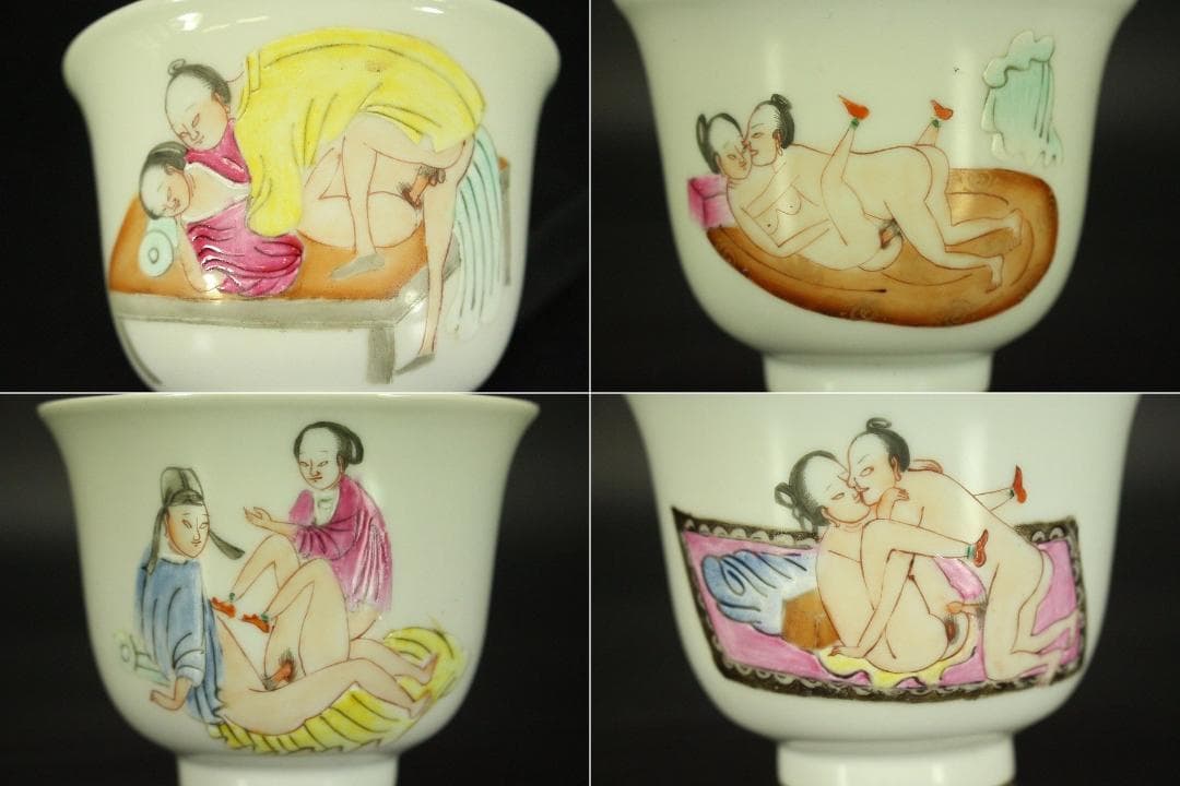 中国美術 色絵 春画 図替 煎茶碗 十八件 同治年製 清(RC918)