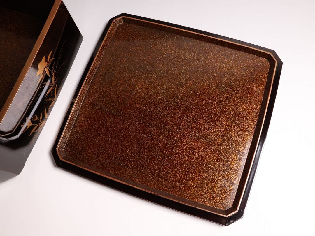 【MA696】加賀蒔絵 饅羹重 内梨地 月に雁 秋草 金蒔絵 木製 饅頭箱菓子重