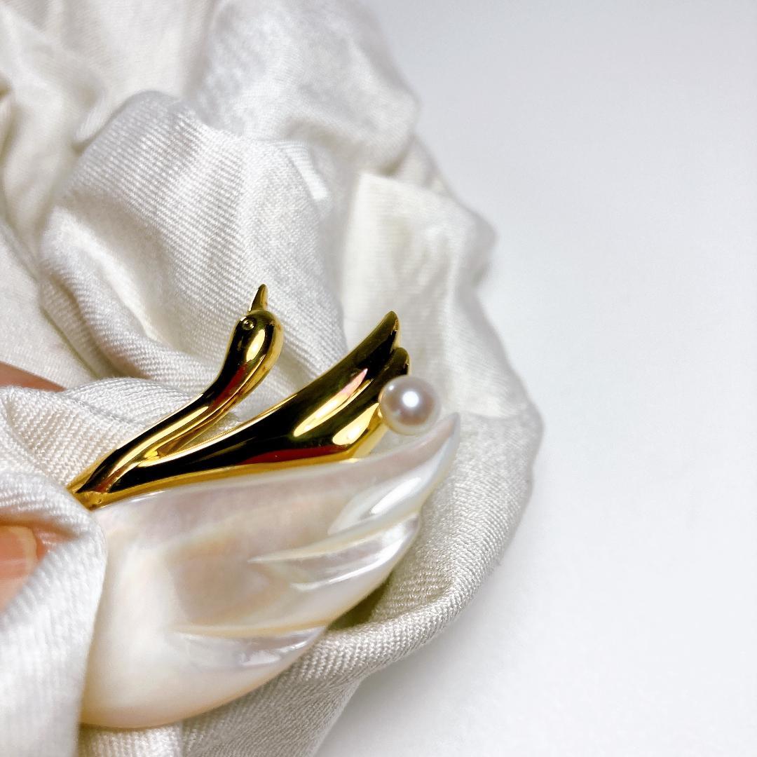 タサキ 田崎真珠 白鳥 パール 白蝶貝 ブローチ　TASAKI　|2838| ☆