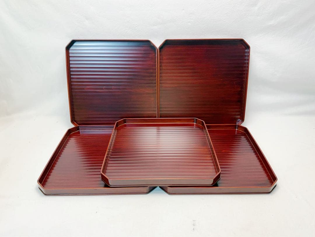 ほぼ未使用 懐石道具 塗師 半峰造 利休形 鉋目折敷膳 十客揃 木製溜塗会席膳