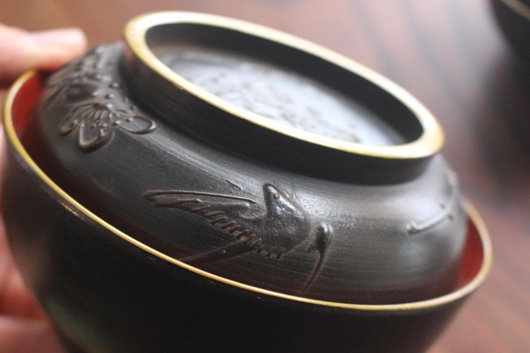 デッドストック！風情ある鉄錆塗に見返し富士蒔絵の映える煮物椀2点（検会津塗蒔絵椀