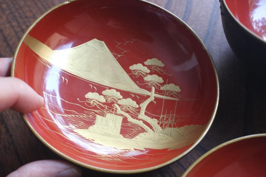デッドストック！風情ある鉄錆塗に見返し富士蒔絵の映える煮物椀2点（検会津塗蒔絵椀
