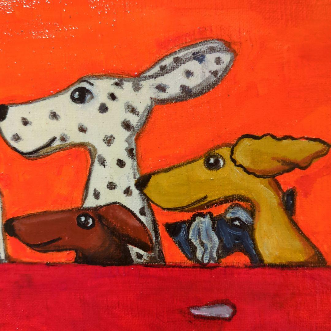 キャンバス油絵  1393確認　ドライブする犬たち