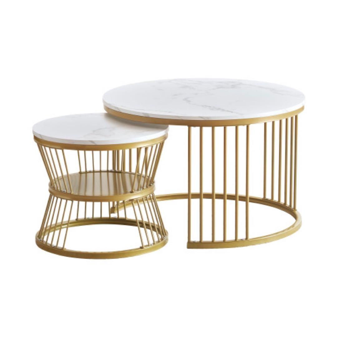 センターテーブル ネストテーブル ローテーブル 丸円型【ホワイト＋ゴールド脚】