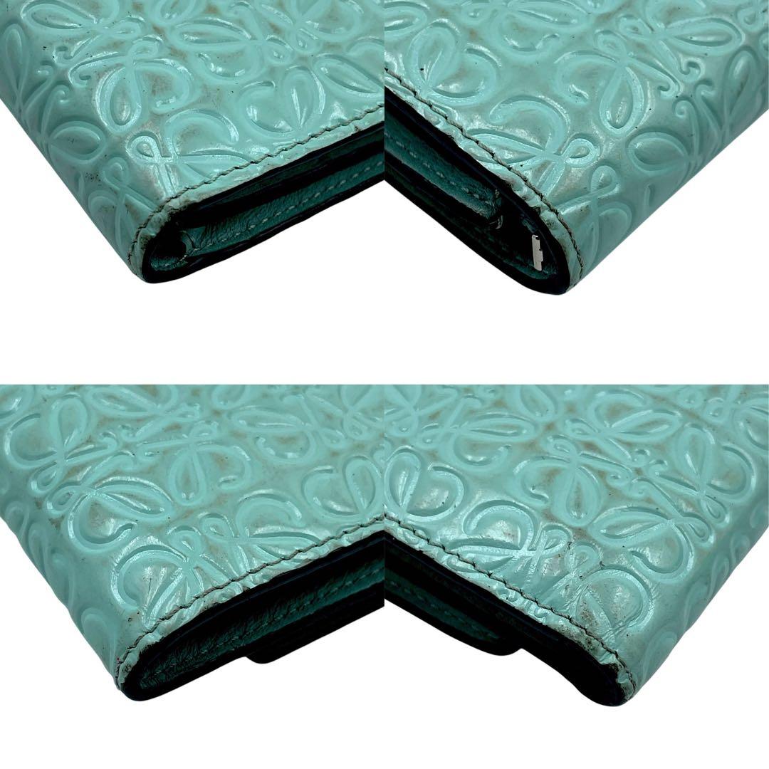 【微美品】LOEWE ロエベ　折り財布　アナグラム　総柄　水色　レザー