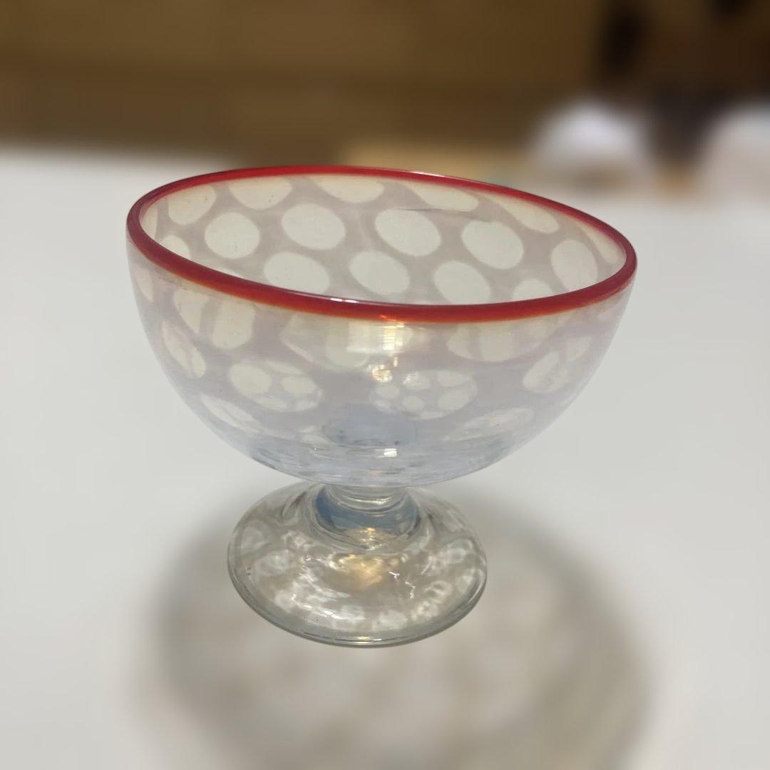和ガラス　白被せ　水玉模様　高足　氷コップ　大正昭和初期　レトロモダン