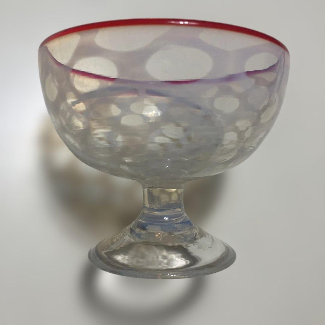 和ガラス　白被せ　水玉模様　高足　氷コップ　大正昭和初期　レトロモダン