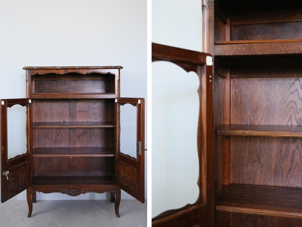 フランスアンティーク木製ブックケースキャビネット/本棚/食器棚/飾棚90-247