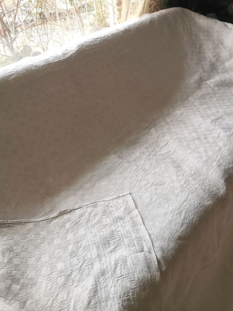 アンティーク フランス1880頃 幾何学模様ダマスク織り天然リネン ラージクロス