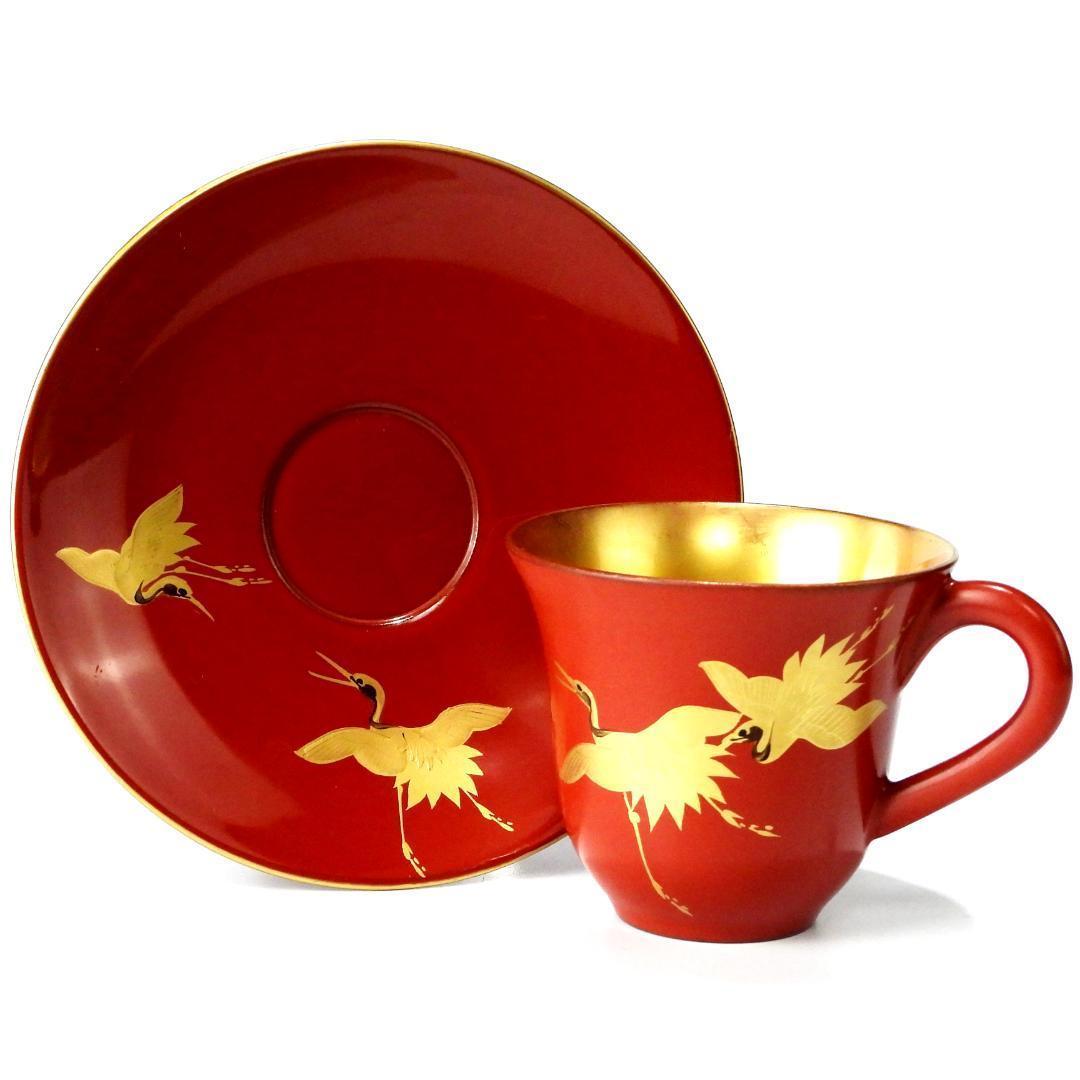 漆器 赤金 花柄 カップとソーサー 6客セット
