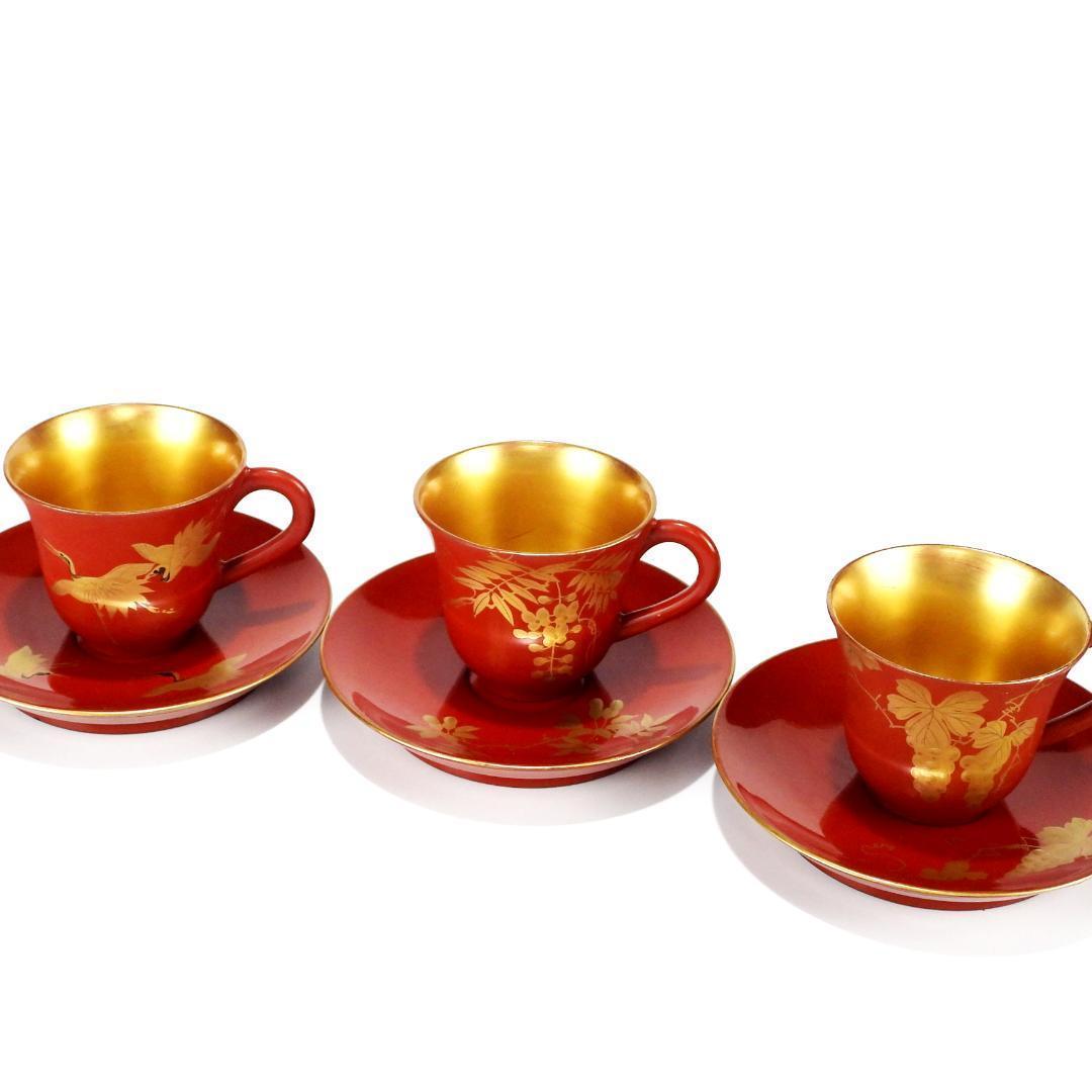 漆器 赤金 花柄 カップとソーサー 6客セット