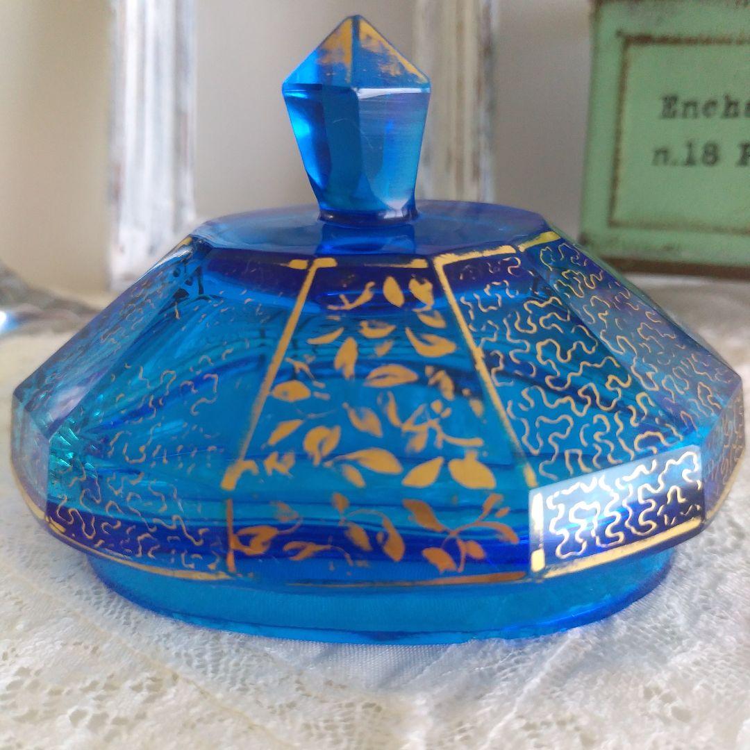 フランスアンティークブルーのガラス　ポット