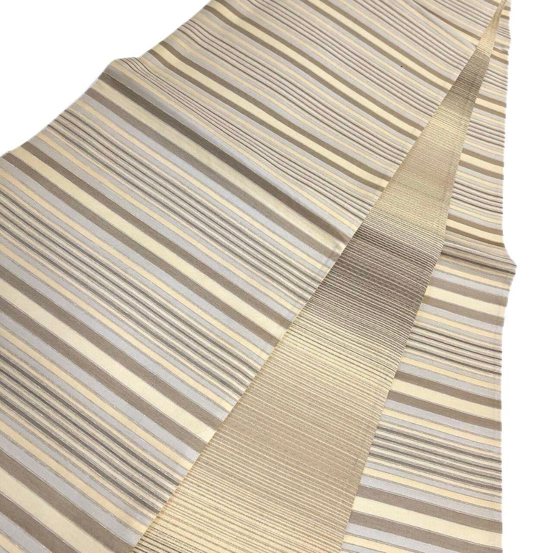 未着用　全通　袋帯　ムガシルク　金銀糸　横縞　ベージュカラー　着物　071a p