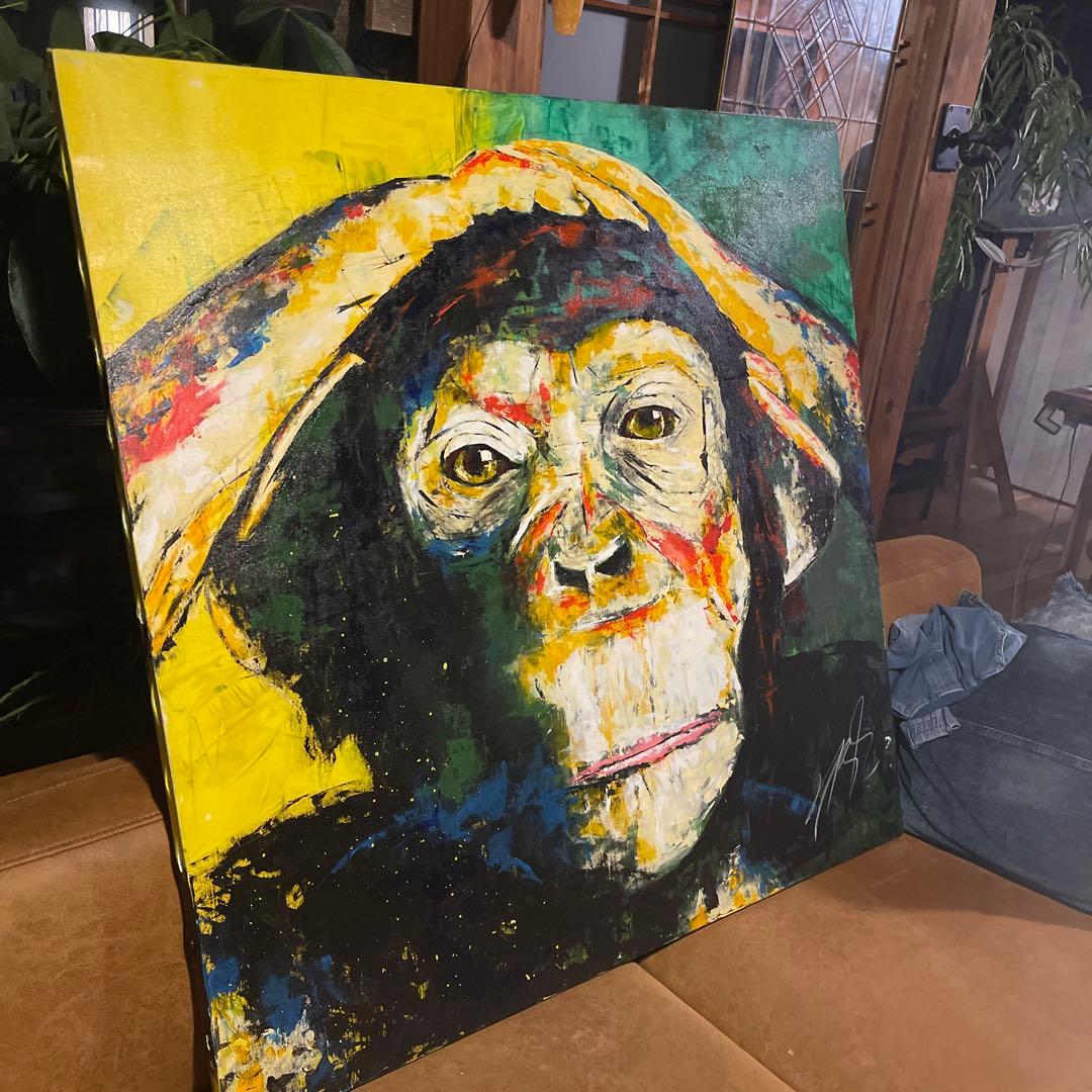 TOMOYA原画100×100cm スプレーアート/チンパンジー抽象肖像画一点物