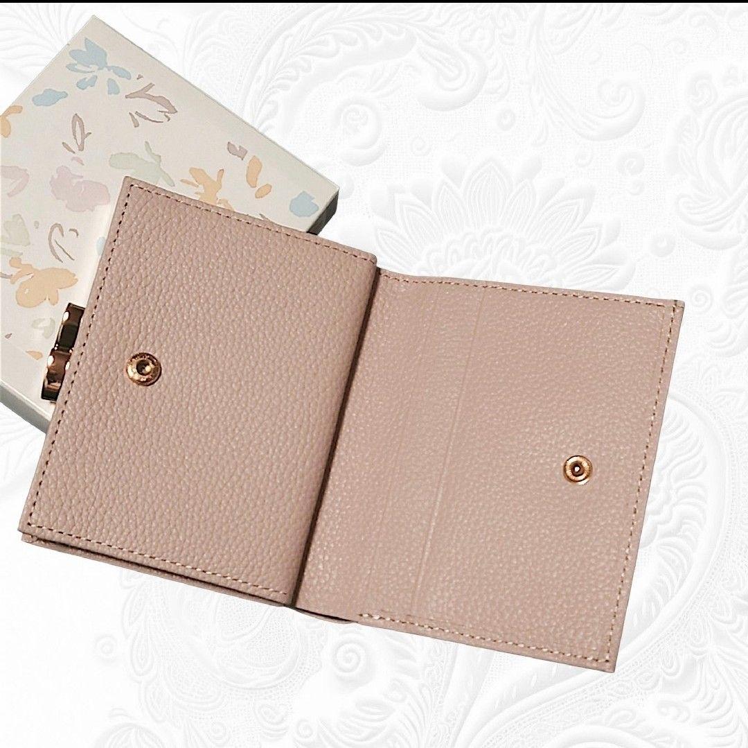 皇居 がま口財布 ピンクベージュ ペールピンク 二つ折り 本革 折り財布
