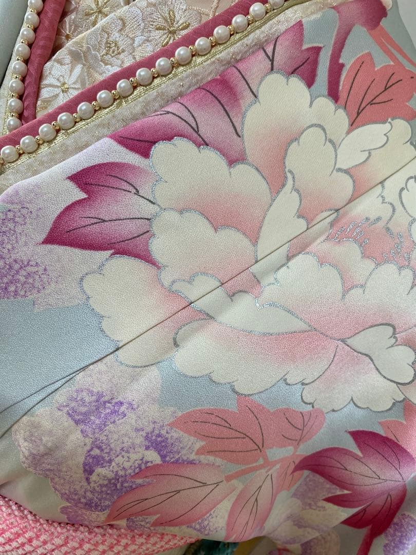 振袖フルセット！　流行りのニュアンスカラーに大きな花柄　くすみ水色地です♪