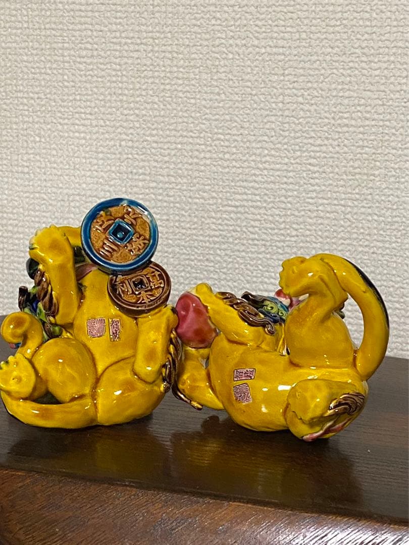 中国台灣宝石釉 貔貅獅子 招財魔除け 緣起物 箱付 希少品