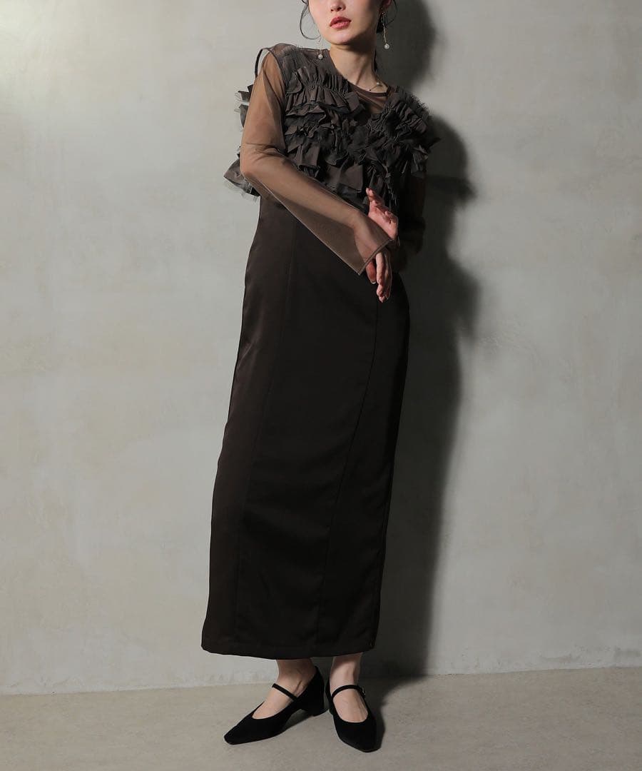 ＊美品＊ボリュームフリルベスト シアートップス キャミワンピ レイヤードドレス